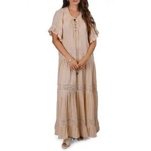 Saachi Women's Beige Tiered Lace Trim Long Kaftan Dress One Size NWOT
